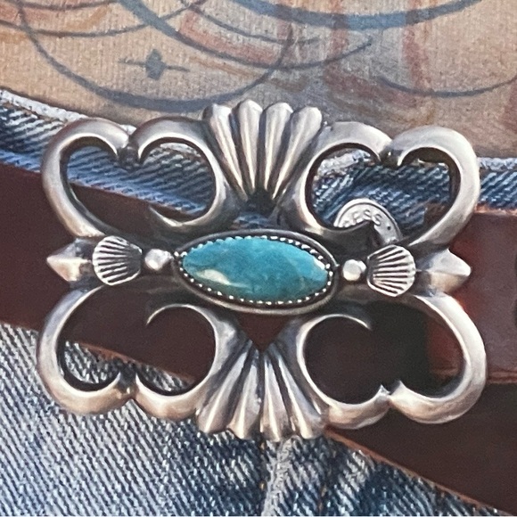 Vintage Double D Ranch 925 Sterling Silver & Turquoise Navajo Belt & Buc… - Picture 2 of 5